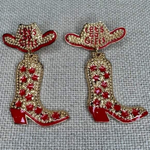 Western "Let's Go Girls" Rhinestone Earrings (Red & Gold, Cowboy, Bachelorette) - Picture 4 of 8